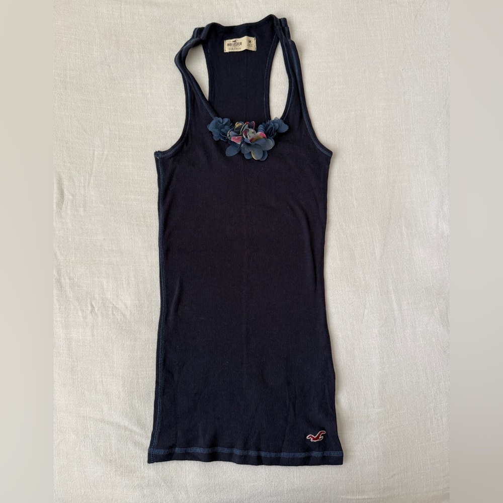 Vintage Y2K Rare Hollister Navy Tank Top with Floral Detail
